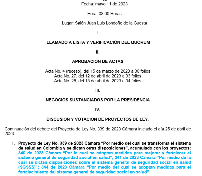 Citación para el debate a la reforma a la salud en Colombia