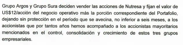 Accionistas de Grupo Nutresa quieren más de US$12 por acción Fragmento de la carta de accionistas de Grupo Nutresa.