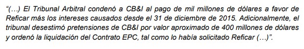 Fallo a favor de Reficar, en el que CB&I tendrá que pagar US$1.000 millones