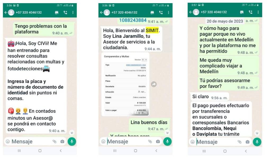 Capturas de pantalla de whatsapp de delincuentes que se hacen pasar por el Simit para estafar a los ciudadanos colombianos.