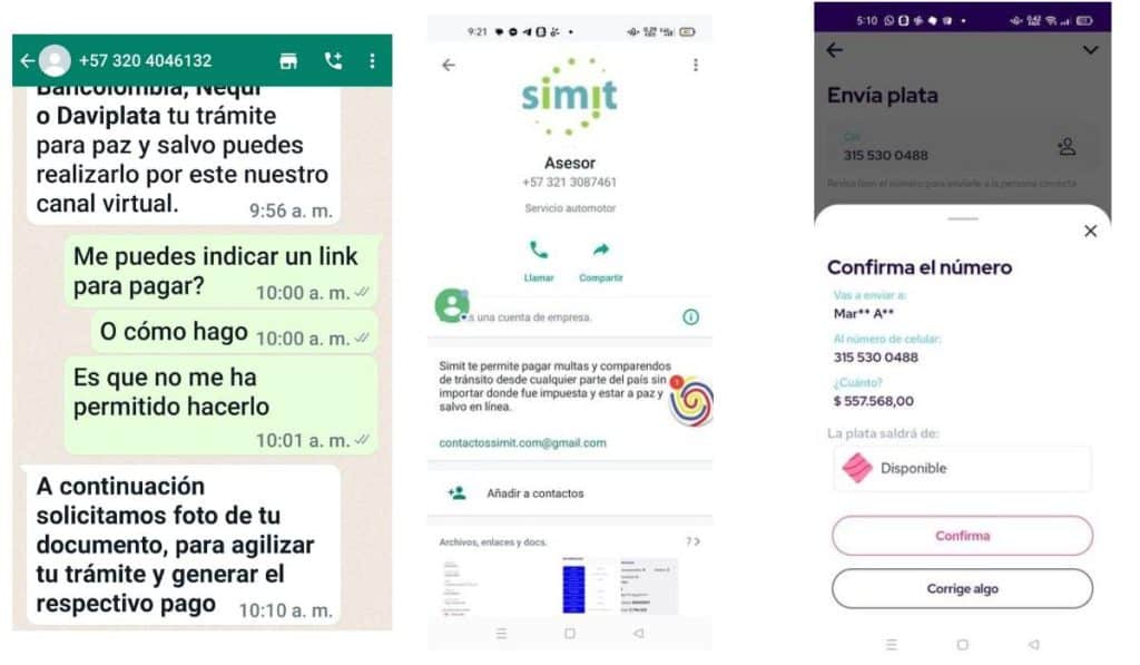 Capturas de pantalla de whatsapp de delincuentes que se hacen pasar por el Simit para estafar a los ciudadanos colombianos.