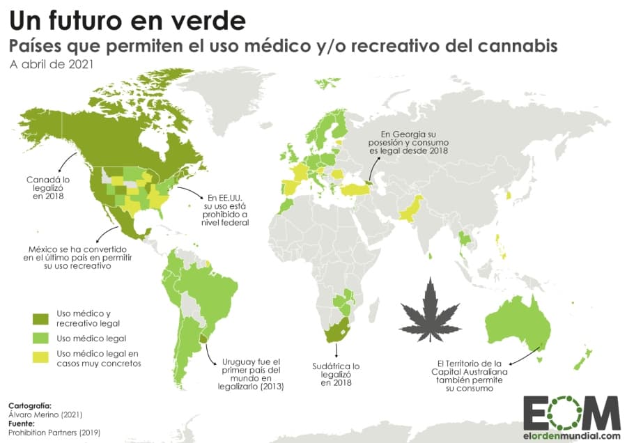 Mapa de legalización del cannabis en el mundo.