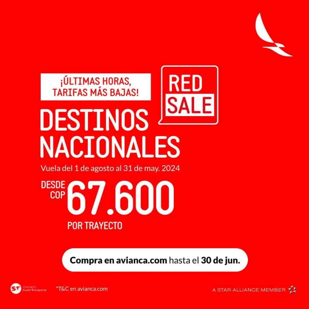Últimas horas para comprar tiquetes baratos en Avianca: hay opciones desde $67.600 Avianca lanzó este viernes su campaña Red Sale para que colombianos aprovechen y viajen por el país