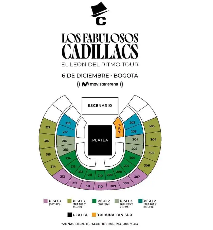 Los Fabulosos Cadillacs harán concierto en Bogotá en diciembre: adquiera boletas por estos precios Ubicaciones del Movistar Arena en Bogotá para disfrutar del concierto de Los Fabulosos Cadillacs.