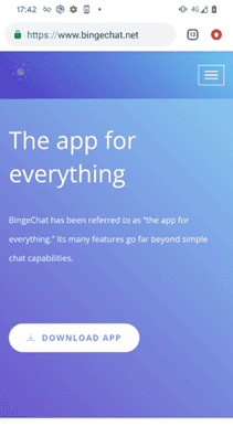 Pie de imagen: Sitio web que distribuye la aplicación de mensajería maliciosa BingeChat