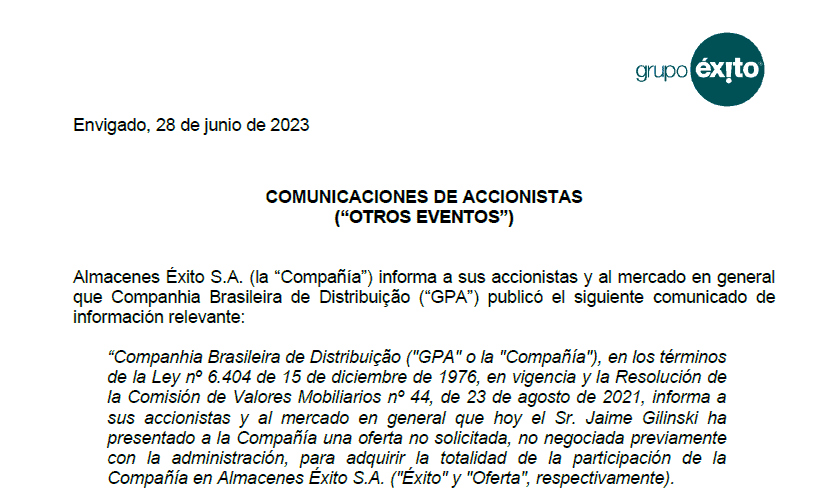 Ministro de Hacienda se refiere a oferta de Gilinski por Grupo Éxito Comunicado del Éxito confirmando la oferta de Gilinski