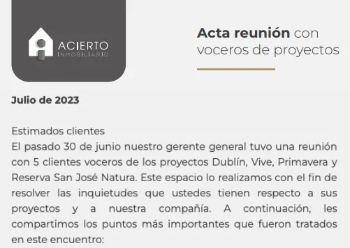 Acierto Inmobiliario: el drama de sus clientes y las respuestas de la empresa Acta reunión Acero Inmobiliario
