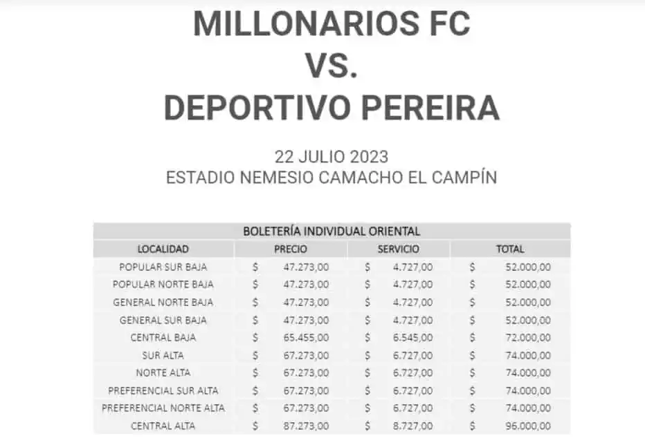 Los precios de boletería para partidos de la Liga Betplay de el 22 y 23 de julio Precios de boletería para oriental en el partido del cuadro albiazul vs Deportivo Pereira.