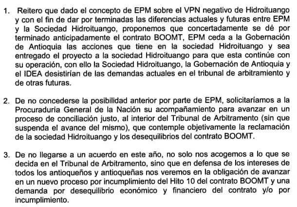 Gobernador de Antioquia pide que EPM salga de Hidroituango Carta de Gaviria a EPM sobre Hidroituango