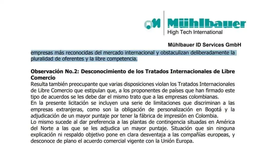 Avanza proceso de licitación para elaboración de pasaportes a pesar de críticas de favoritismo Carta de Mühlbauer ID Services GmbH enviada a la Cancillería