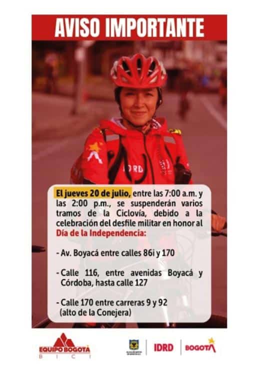 Así funcionará la ciclovía el 20 de julio por el desfile