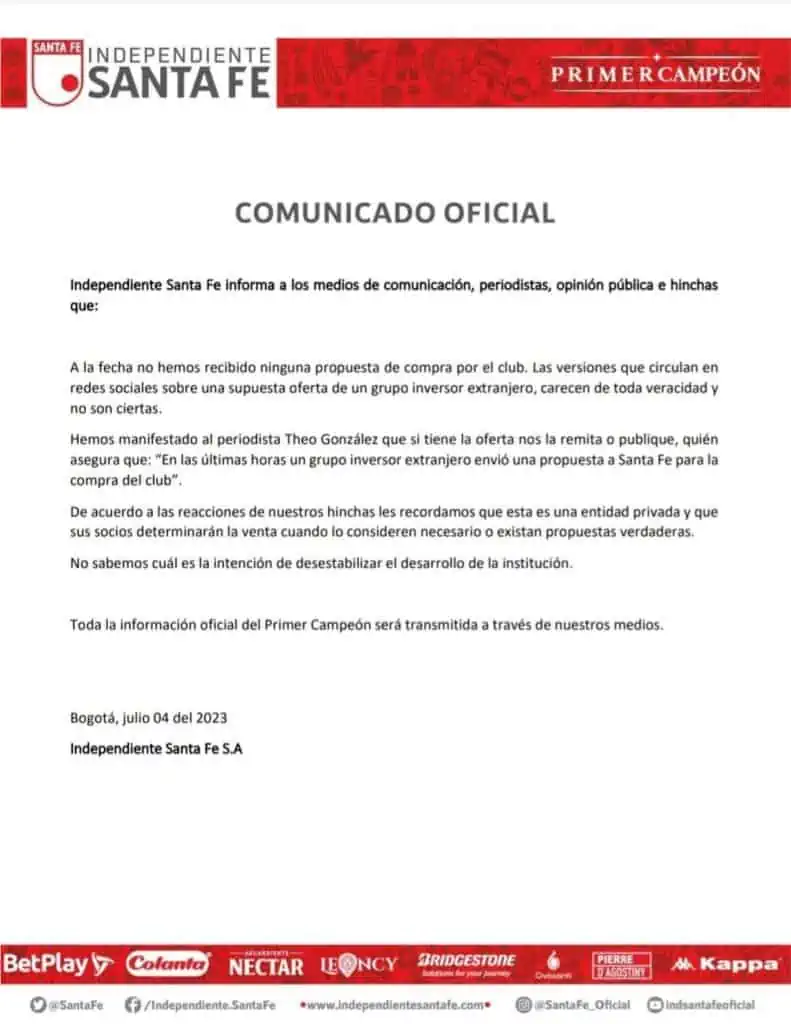 ¿Llegará inversionista a comprar a Santa Fe? Esto dice su presidente Santa Fe aclara la situación que creó el periodista Theo González.