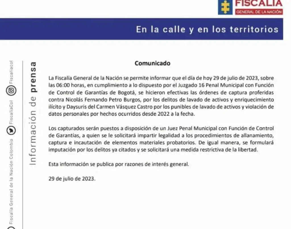 Las reacciones de la captura de Nicolás Petro por presunto lavado de activos y enriquecimiento ilícito Comunicado captura Nicolás Petro