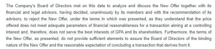 Decisión de la Junta Directiva de GPA sobre la oferta de Gilinski por Grupo Éxito.