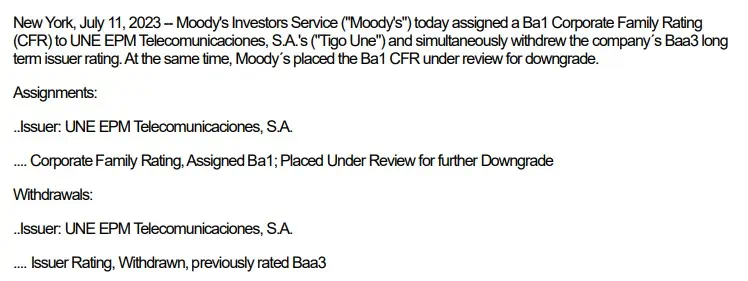 “Rentabilidad de Tigo UNE es persistentemente débil”: Moody’s rebaja su calificación Moodys sobre Tigo UNE
