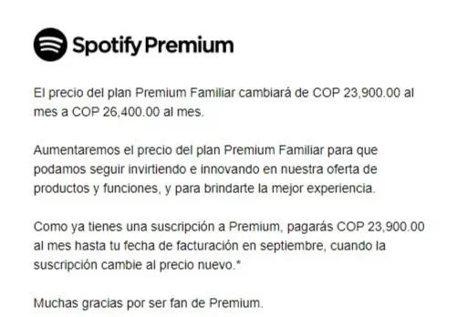 Spotify aumentó el precio de sus suscripciones mensuales a Premium en Colombia Así es el anuncio de Spotify para usuarios Premium del plan familiar en Colombia.