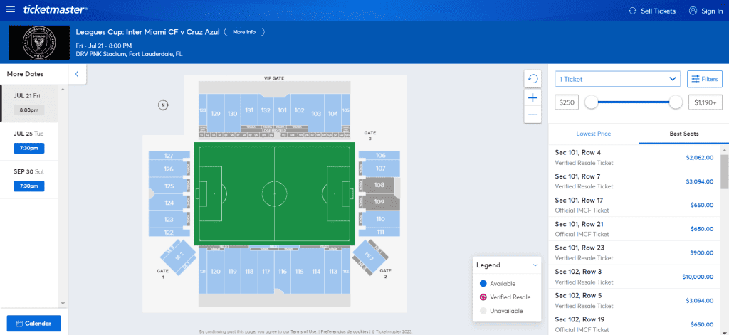 Así están los precios de entradas para el debut de Lionel Messi el viernes con el Inter de Miami. Imagen tomada de Ticket Master.