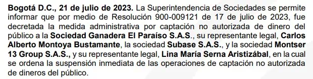 Cae posible pirámide en Colombia: Sociedad Ganadera El Paraíso captó $60.830 millones Supersociedades sobre Sociedad Ganadera El Paraíso