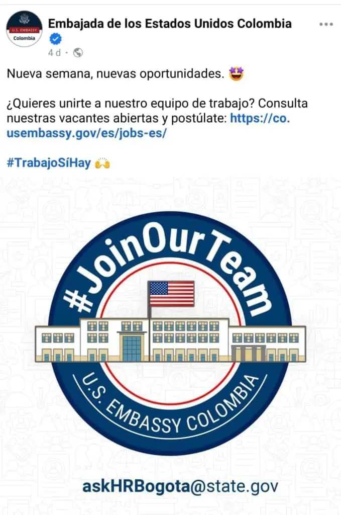 Trabajo sí hay en julio: la embajada de Estados Unidos en Colombia tiene vacantes Trabajo sí hay con la embajada de Estados Unidos en Colombia.