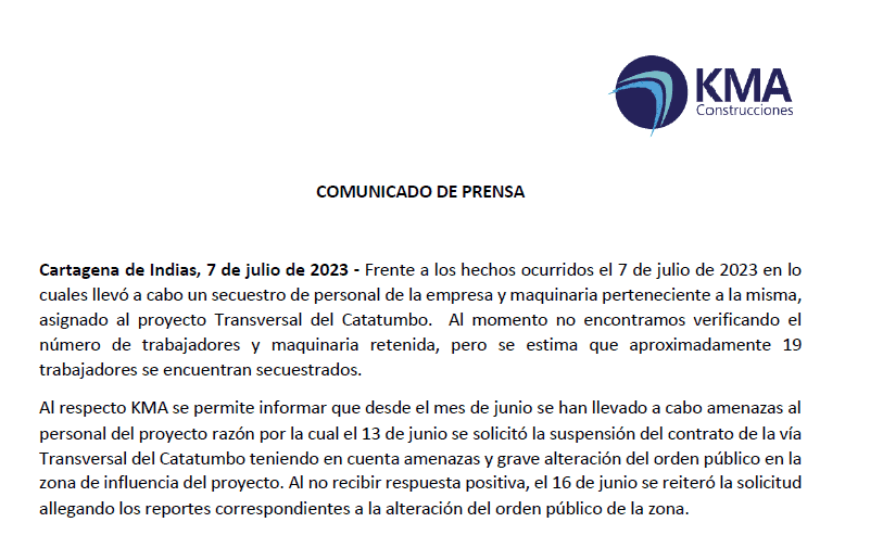 Secuestran a 19 trabajadores de Transversal del Catatumbo, pese a alerta de contratista Comunicado de KMA denunciando secuestro de trabajadores de Transversal del Catatumbo