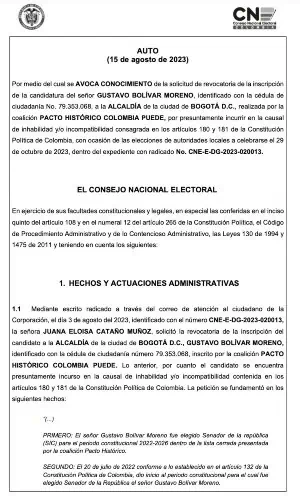 Estudiarán demanda que anularía inscripción de Gustavo Bolívar como candidato a Alcaldía de Bogotá Documento - Auto CNE candidatura de Gustavo Bolívar
