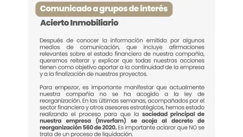 Acierto Inmobiliario niega liquidación, pero sí solicitó reorganización Comunicado Acierto Inmobiliario