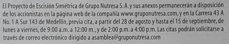 Grupo Nutresa convoca a accionistas para evaluar plan de escisión simétrica Convocatoria escisión Grupo Nutresa