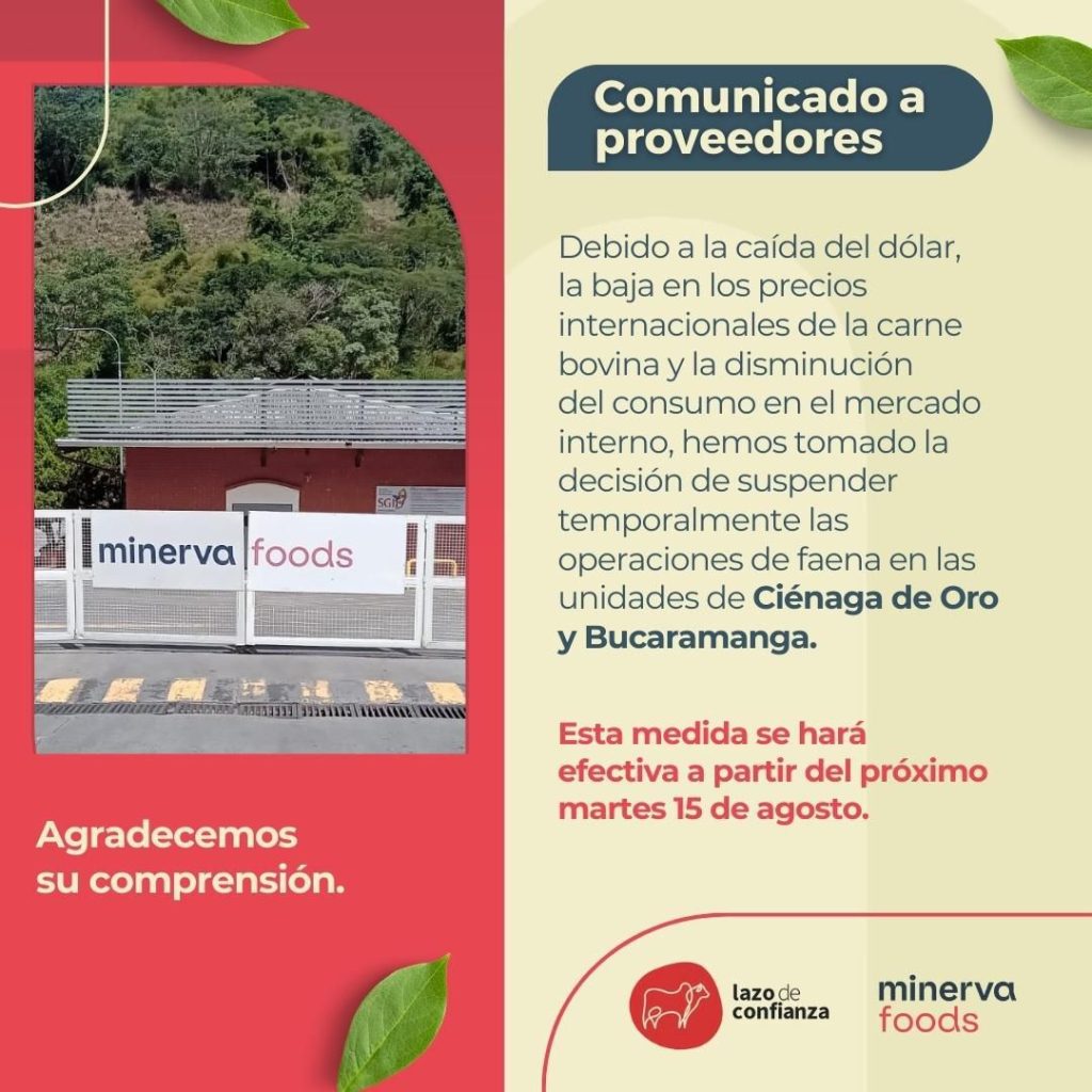 Comunicado de suspensión de actividades de Minerva Foods