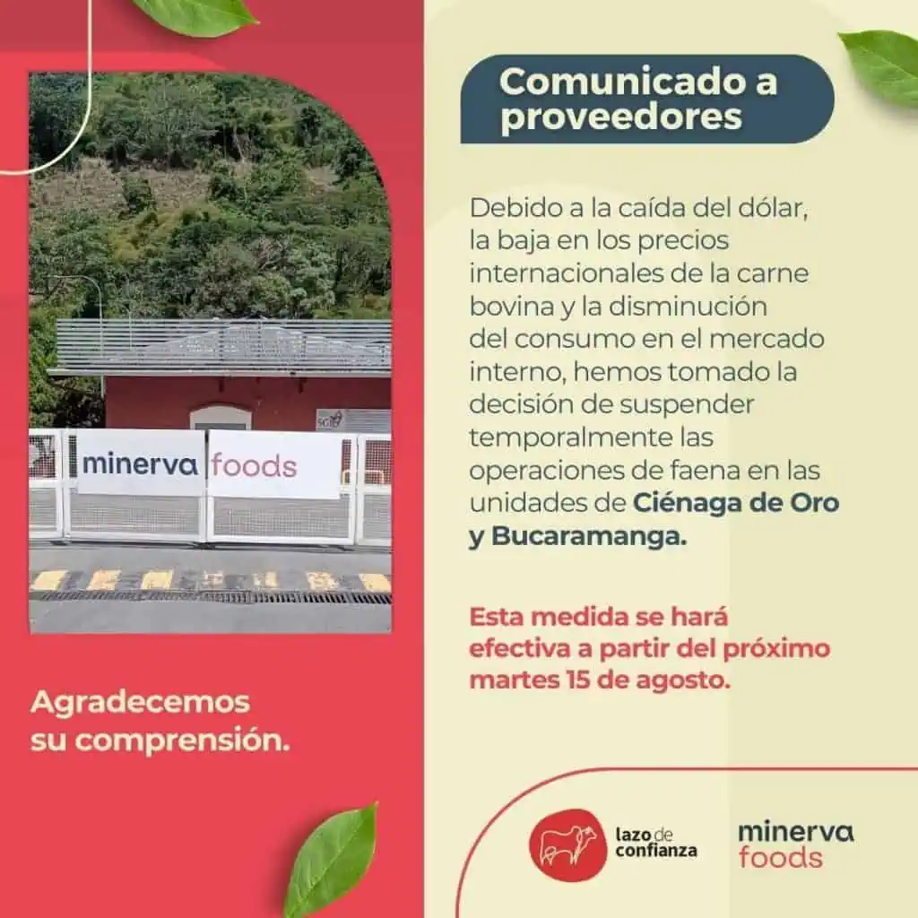 Minerva Foods suspende actividades de faena en Colombia: estas son las razones Comunicado de suspensión de actividades de Minerva Foods