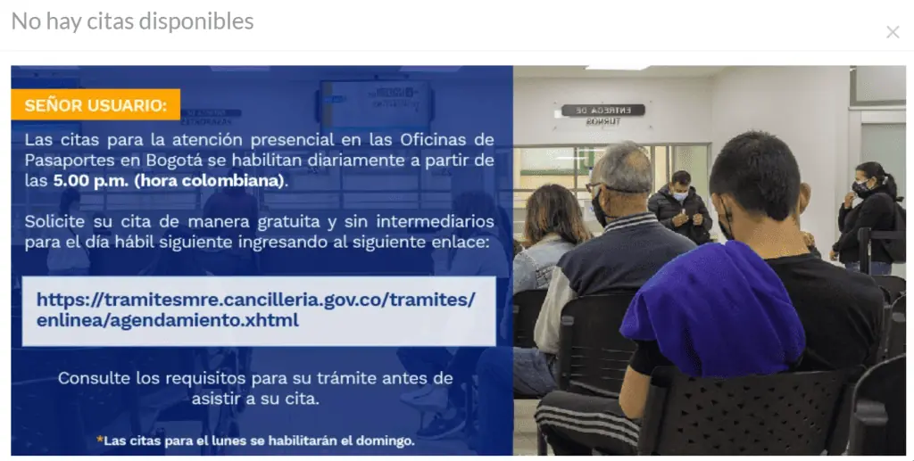 ¿Cómo están los tiempos de espera para sacar el pasaporte en Bogotá? No hay citas disponibles para el pasaporte.