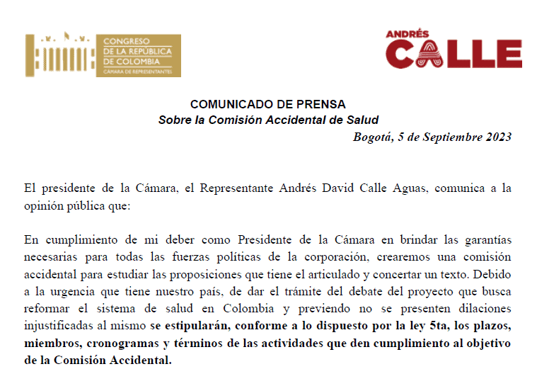 Debate de la reforma a la salud de Petro se suspende en el Congreso Comunicado reforma a la salud