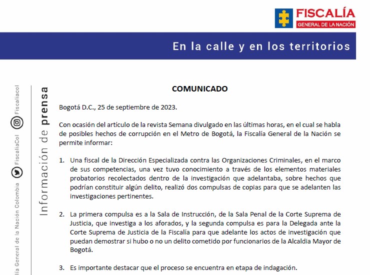 Comunicado de la Fiscalía sobre el metro de Bogotá