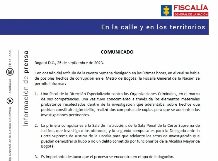 Metro de Bogotá: Fiscalía pide a la Corte Suprema investigar presunta corrupción Comunicado de la Fiscalía sobre el metro de Bogotá
