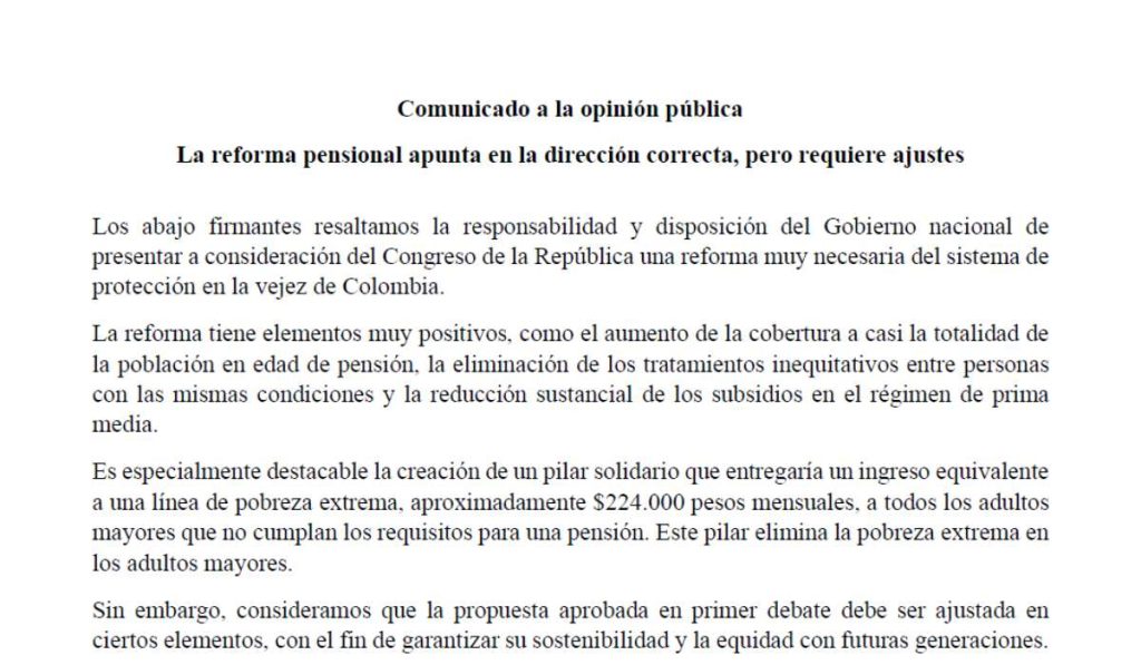 Carta sobre reforma pensional