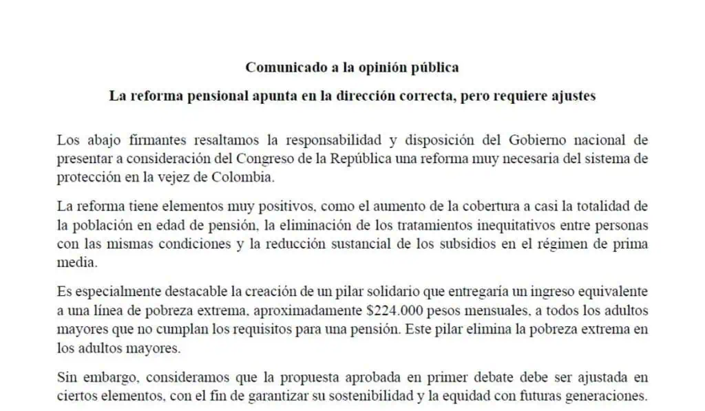 Exministros de Petro se van contra reforma pensional: firman carta que pide cambios Carta sobre reforma pensional