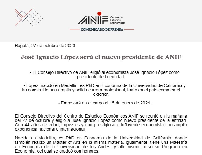 Comunicado ANIF José Ignacio López
