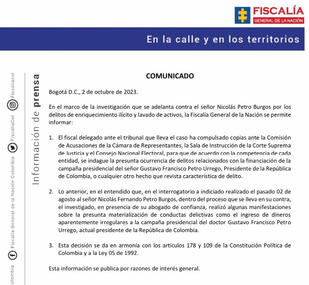 Comunicado Fiscalía caso Petro por dineros irregulares en su campaña