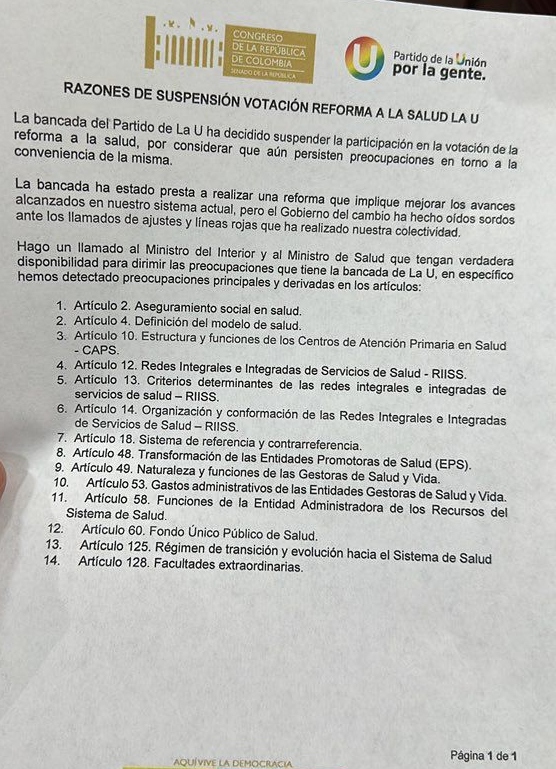 Carta: propuesta del Partido de La U a espera de ser aprobada por la bancada.