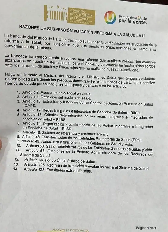 ¿Se caen los votos del Partido de La U por la reforma a la salud? Carta: propuesta del Partido de La U a espera de ser aprobada por la bancada.