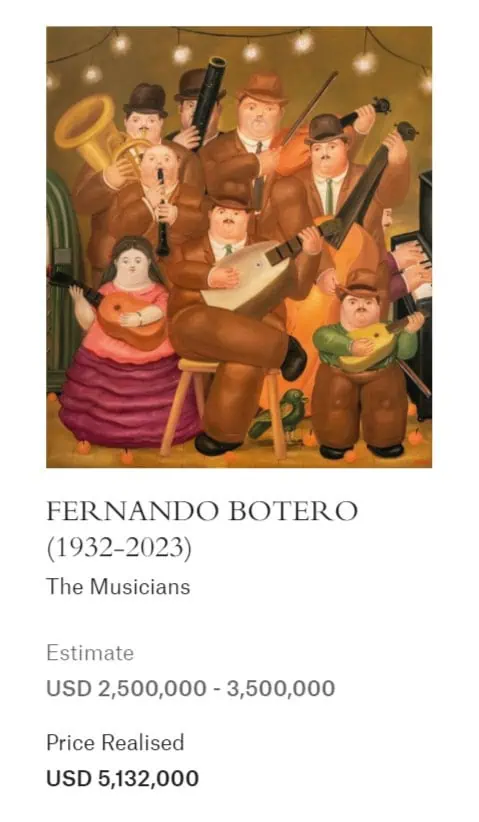 Los Músicos, obra de Fernando Botero, se subastó logrando millonario récord Valor de subasta de Los Músicos, obra de Fernando Botero.