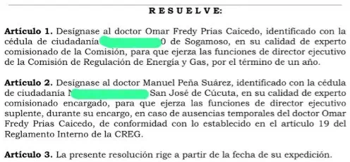 Omar Fredy Prías, además de comisionado, será el director de la CREG de Colombia Resolución Ómar Fredy Prías CREG