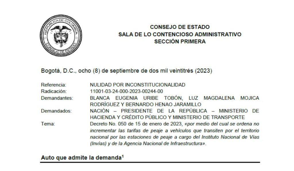 Documento del COnsejo de Estado demanda contra congelamiento de peajes