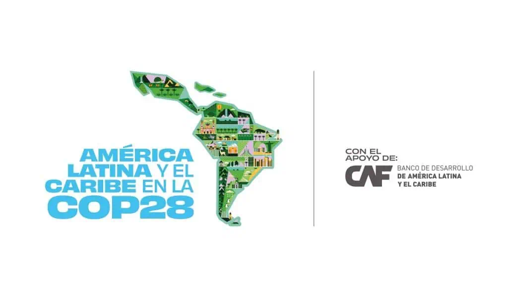 CAF realizará histórica inversión en temas ambientales para hacerle frente al cambio climático Logo pabellón América Latina y el Caribe en la COP28
