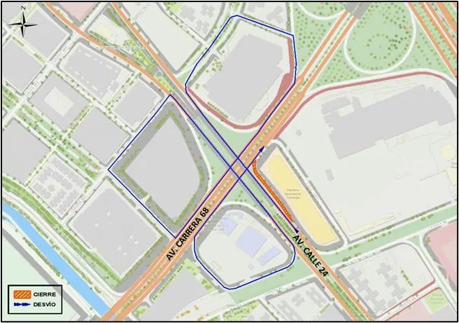 Hay cierre en la Av carrera 68 con Av calle 24 por obras en Bogotá Mapa 1. Manejo vehicular