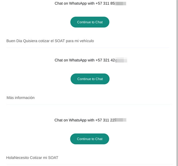 Imagen: Redirecciones a la aplicación de mensajería, para solicitar las cotizaciones