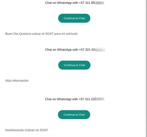 Ciberataques: ¿Cómo identificar sitios web falsos para prevenir estafas con el SOAT? Imagen: Redirecciones a la aplicación de mensajería, para solicitar las cotizaciones