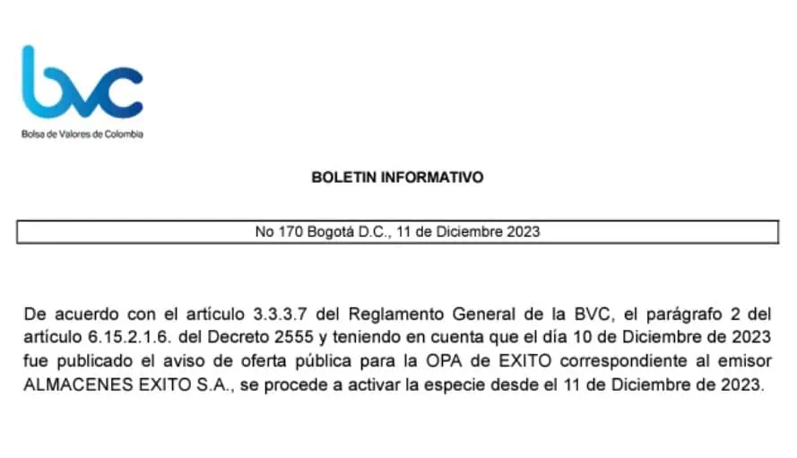 Se reactiva negociación de acción de Éxito tras aviso de OPA de Calleja OPA Grupo Éxito