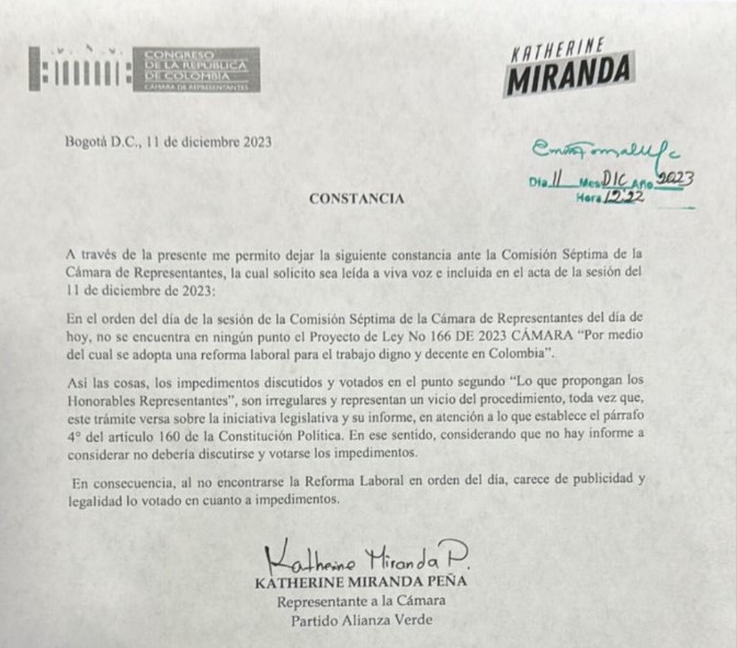 Constancia Katherine Miranda sobre reforma laboral