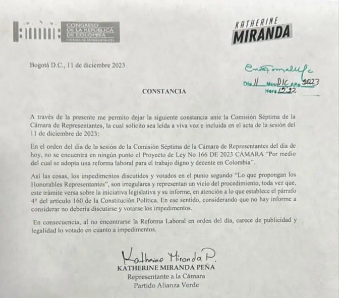 Reforma laboral: liberales, verdes y un conservador le dieron primer salvavidas al proyecto Constancia Katherine Miranda sobre reforma laboral