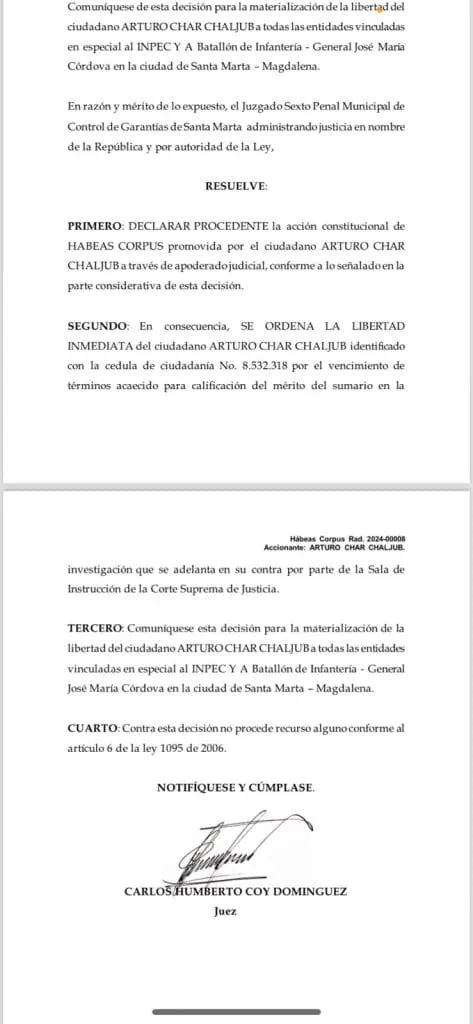 Ordenan libertad inmediata para Arturo Char por vencimiento de términos Orden de libertad inmediata